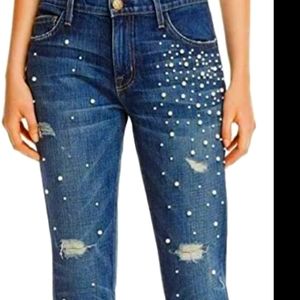 Current/Elliott Blue Boyfriend Jeans with Pearl Accents